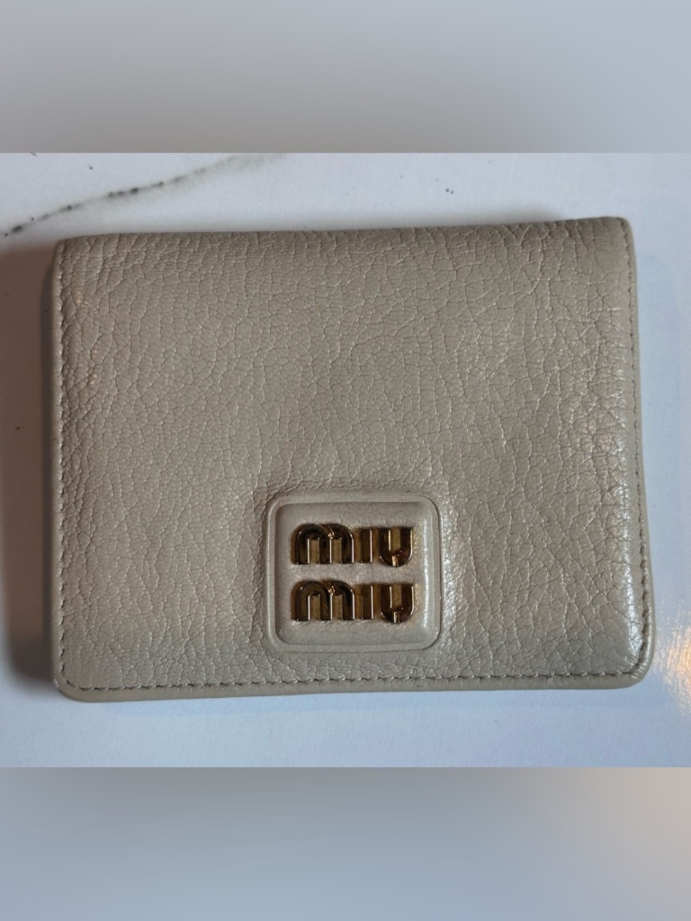 Miu Miu Textured Leather Card & Key Holder in Light Beige with Gold Logo